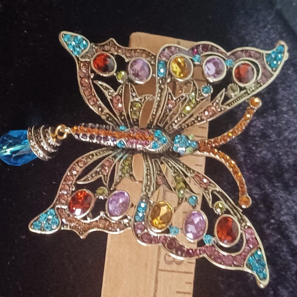 Large Golden Butterfly Brooch - Multi Colored Rhinestones - Picture 4 of 4
